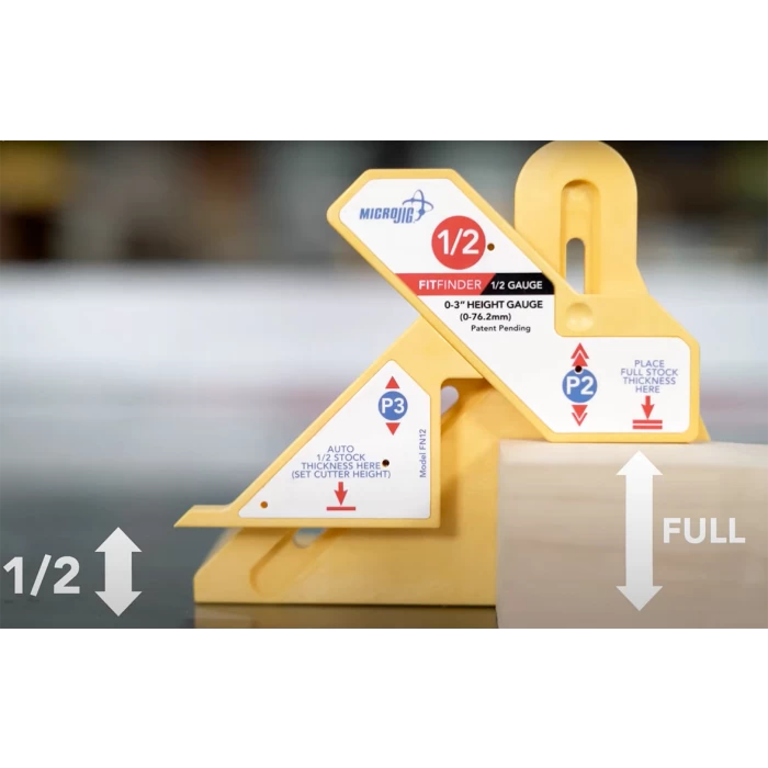 Yellow woodworking height gauge fitting tool measuring wood thickness, labeled for 1/2 and full stock.