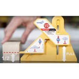 Yellow woodworking height gauge tool measuring half and full thickness of wood block