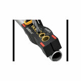 Close-up of DrillBlock woodworking drill guide tool with multiple hole sizes and drill bit