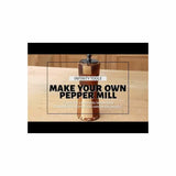DIY wooden pepper mill project on a woodworking table with instructional text overlay.