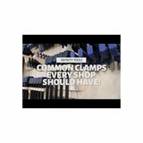 Assorted woodworking clamps organized on a workshop wall with bold text overlay.