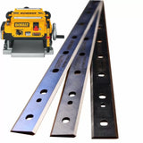 Planer blade set for woodworking, shown with compatible yellow planer, on white background.