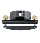 Woodworking router jig with black body, brass adjustment knobs, and color-coded guide indicator