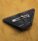Woodworking dovetail marker tool with adjustable gauge and angle markings on a wooden surface