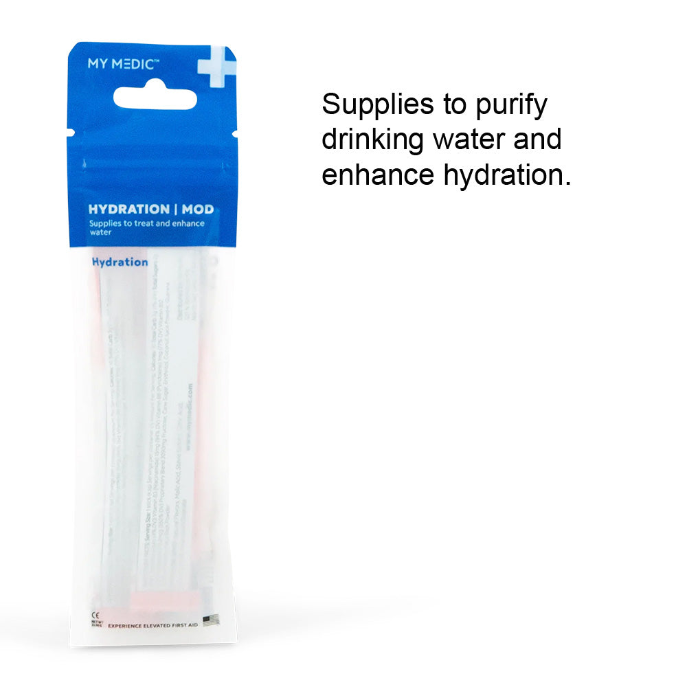 Hydration water purification supplies in a blue and white resealable pouch on white background.
