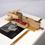 Precision woodworking router table jig with wooden handles and clear safety guard