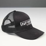 Black mesh trucker hat with embroidered Infinity Cutting Tools logo on front panel