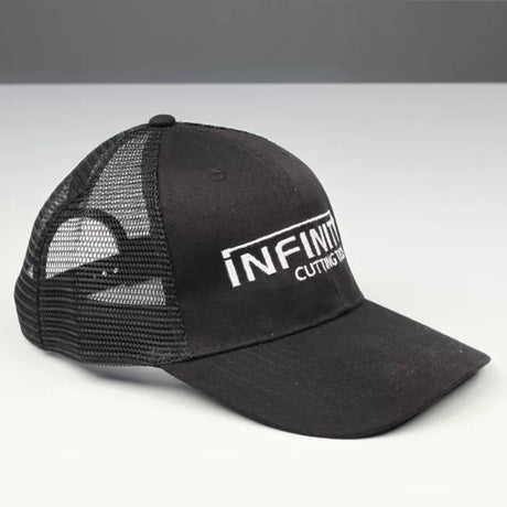 Black mesh trucker hat with embroidered Infinity Cutting Tools logo on front panel