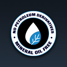Seal with a water drop and leaf icon, text reads no petroleum derivatives, mineral oil free