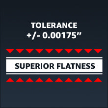 Superior flatness woodworking tool graphic with ±0.00175 inch tolerance text