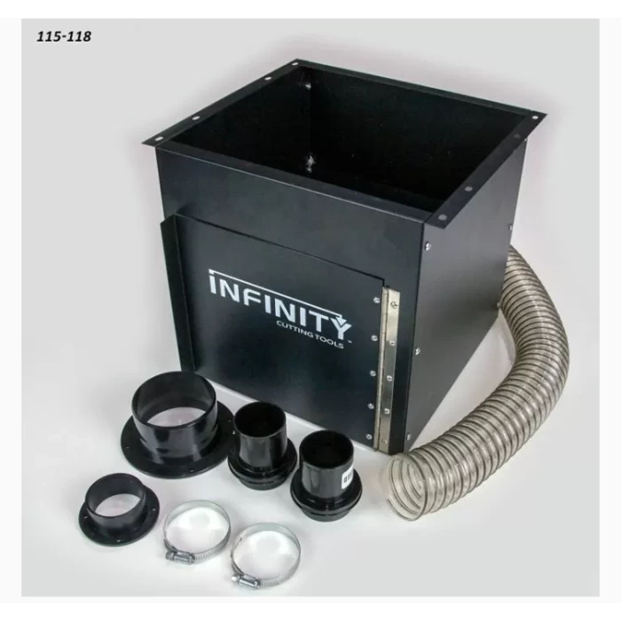 Woodworking dust collection box with hose and fittings for router table setup