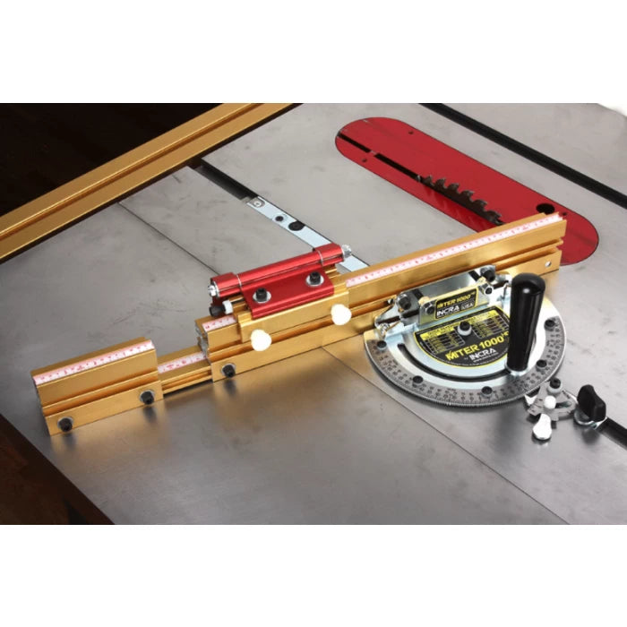 Precision miter gauge with aluminum fence and stop on a table saw for woodworking