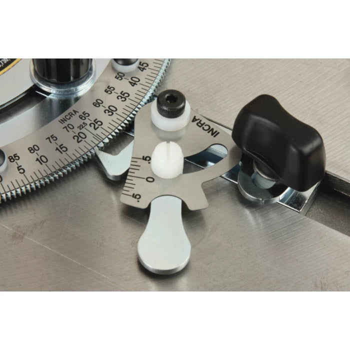 Close-up of a miter gauge vernier cursor for precise woodworking angle adjustments