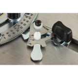 Close-up of a miter gauge vernier cursor for precise woodworking angle adjustments