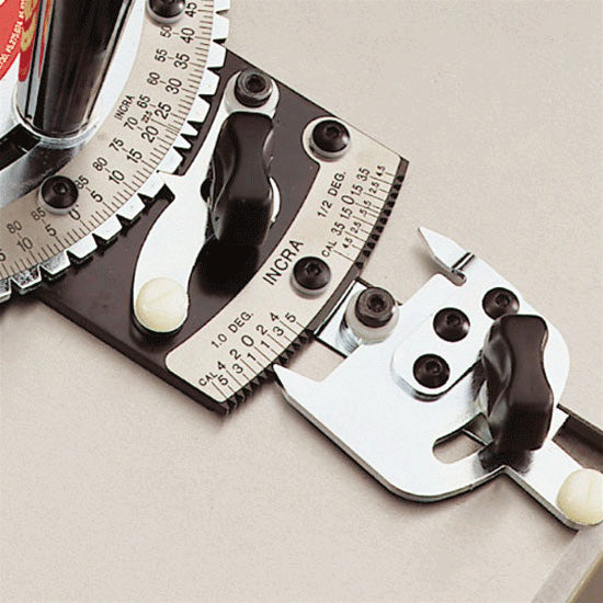 Precision woodworking miter gauge with adjustable stops and angle markings