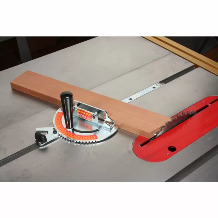 Table saw with miter gauge and wood piece set for precise angled cutting