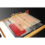 Table saw crosscut sled with adjustable fence and 24-inch cutting capacity for woodworking