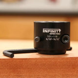 Black router bit depth gauge with hex key for woodworking, engraved size markings visible