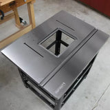 Aluminum router table top with miter slots and center insert, woodworking workshop