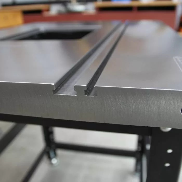 Aluminum router table top with precision miter slot and T-track for woodworking tools
