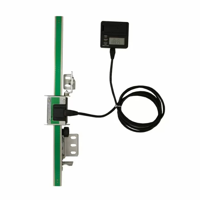 Digital readout fence position indicator for woodworking router table, with mounting brackets and LCD display