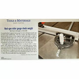 Miter gauge tool with aluminum fence on a table saw, woodworking tool display.