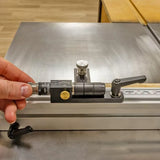 Precision woodworking router table fence stop with micro-adjuster on aluminum rail
