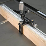 Precision table saw fence jig with micro-adjustment knob and measuring scale on wood fence