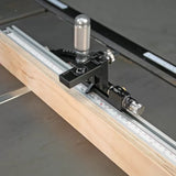 Table saw fence with precision stop block and aluminum rail for accurate woodworking cuts