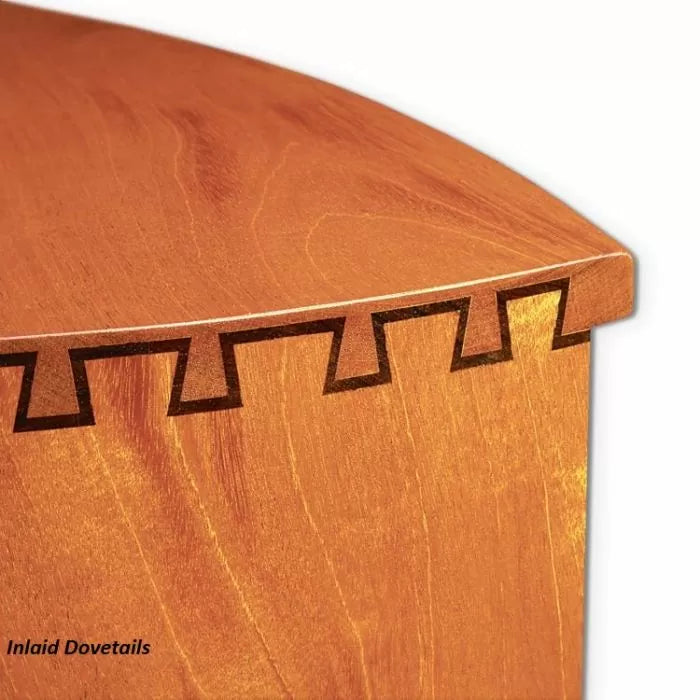 Close-up of wooden box with precise inlaid dovetail joinery, woodworking craftsmanship