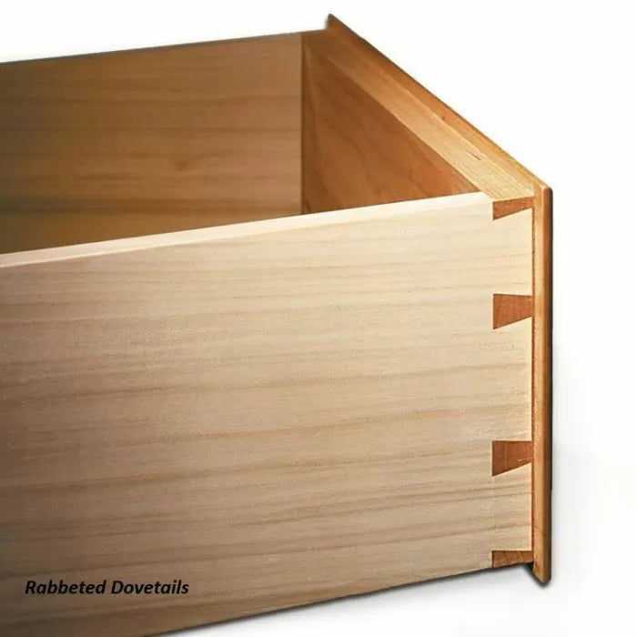 Close-up of a wooden box corner showing rabbeted dovetail joints for woodworking projects.