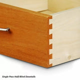 Close-up of a wooden drawer with single pass half-blind dovetail joints and a metal handle