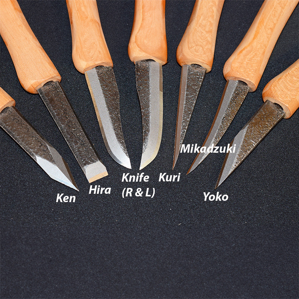 Set of six Japanese woodworking carving knives with labeled blade shapes on black background.