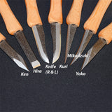 Set of six Japanese woodworking carving knives with labeled blade shapes on black background.
