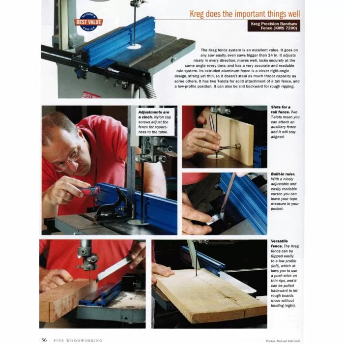 Kreg bandsaw fence system on a bandsaw, showing adjustments, built-in ruler, and woodworking setup.