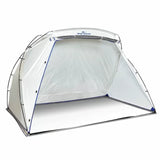Large portable spray shelter tent with clear plastic walls for woodworking projects