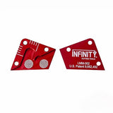 Red magnetic woodworking jig with measurement marks and patent number LMM-002 visible