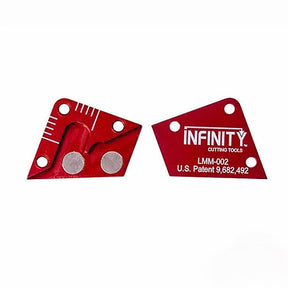 Red magnetic woodworking jig with measurement marks and patent number LMM-002 visible