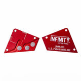 Red magnetic woodworking layout tool with measurement markings and Infinity logo