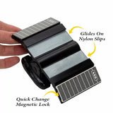 Hand-held sharpening tool with quick change magnetic lock and nylon slip guides for woodworking.