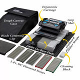 Woodworking sharpening system kit with ergonomic carriage, diamond stones, canvas case, de-burr plate, and accessories.