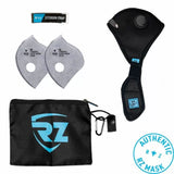 Black mesh dust mask kit with two replacement filters, extension strap, and carrying pouch