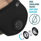 Black face mask with dual exhalation valves and moisture control feature illustration