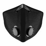 Black mesh dust mask with dual air filters for woodworking and shop safety