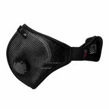 Black mesh woodworking dust mask with adjustable strap and breathing valve