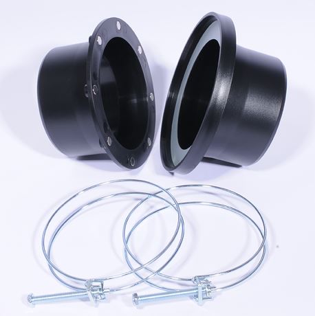 Magnetic dust port set with two black plastic fittings, metal hose clamps, and screws