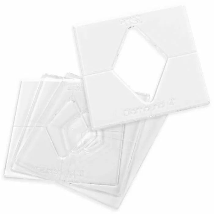 Clear plastic router table template guides with diamond-shaped center openings.