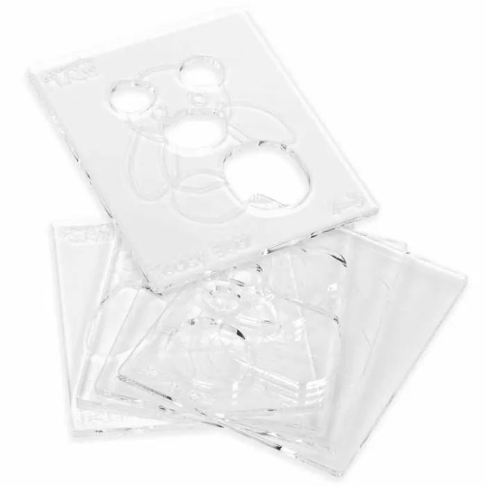 Clear acrylic woodworking templates with animal-shaped cutouts, stacked on a white background.