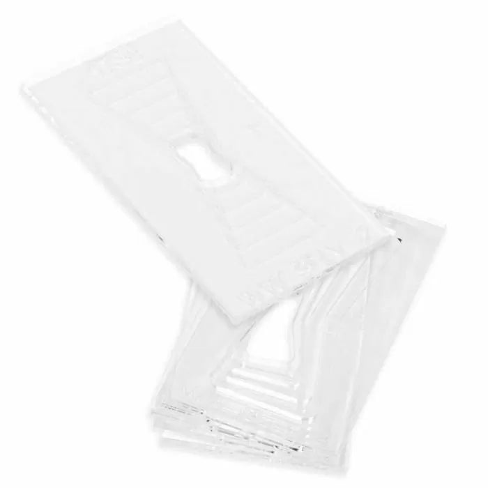 Clear plastic router base plates stacked, woodworking tool accessory on white background.