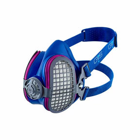 Blue and purple P100 NIOSH approved respirator mask with adjustable straps for woodworking safety